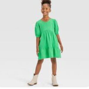 Cat & Jack Girl's Size XS (4-5) Short Sleeve Gauze Tiered Dress Green